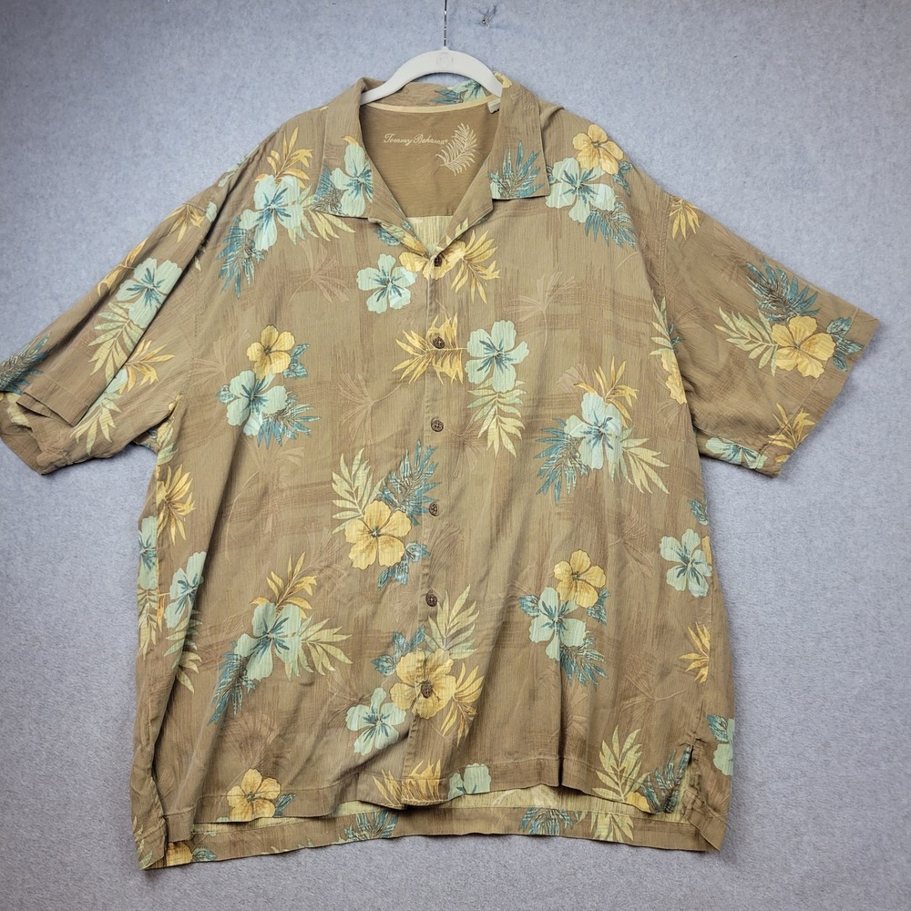 Tommy‎ Bahama Silk Shirt Mens XXL Brown Floral Hawaiian Button Up Beach Casual - Picture 2 of 12
